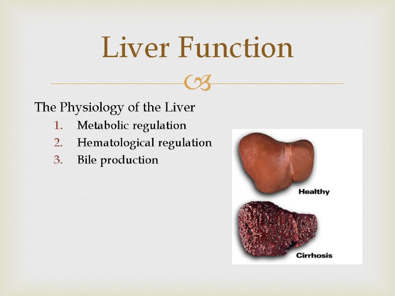 The Physiology of the Liver Metabolic regulation Hematological regulation Bile production Liver Function